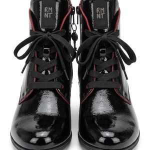 Remonte Black Patent Lace-Up Ankle Booties with Red Trim